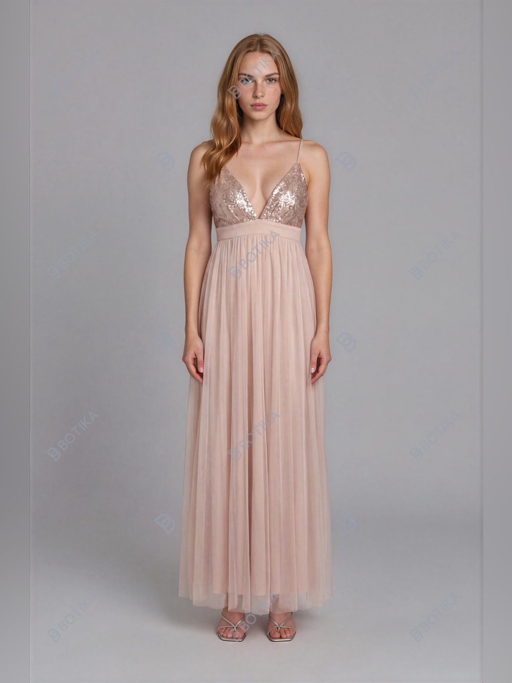 GLAMOROUS CHAMPAGNE SEQUIN & TULLE MAXI DRESS